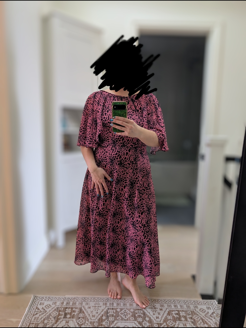 Women's Pink Black Print Midi Dress